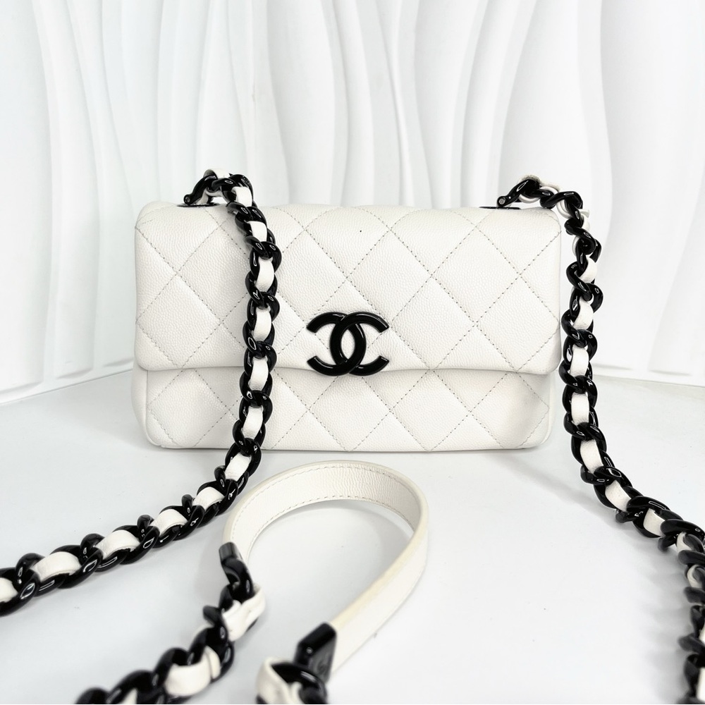CHANEL My Everything Medium Flap Bag Quilted Caviar White w Black Hardware